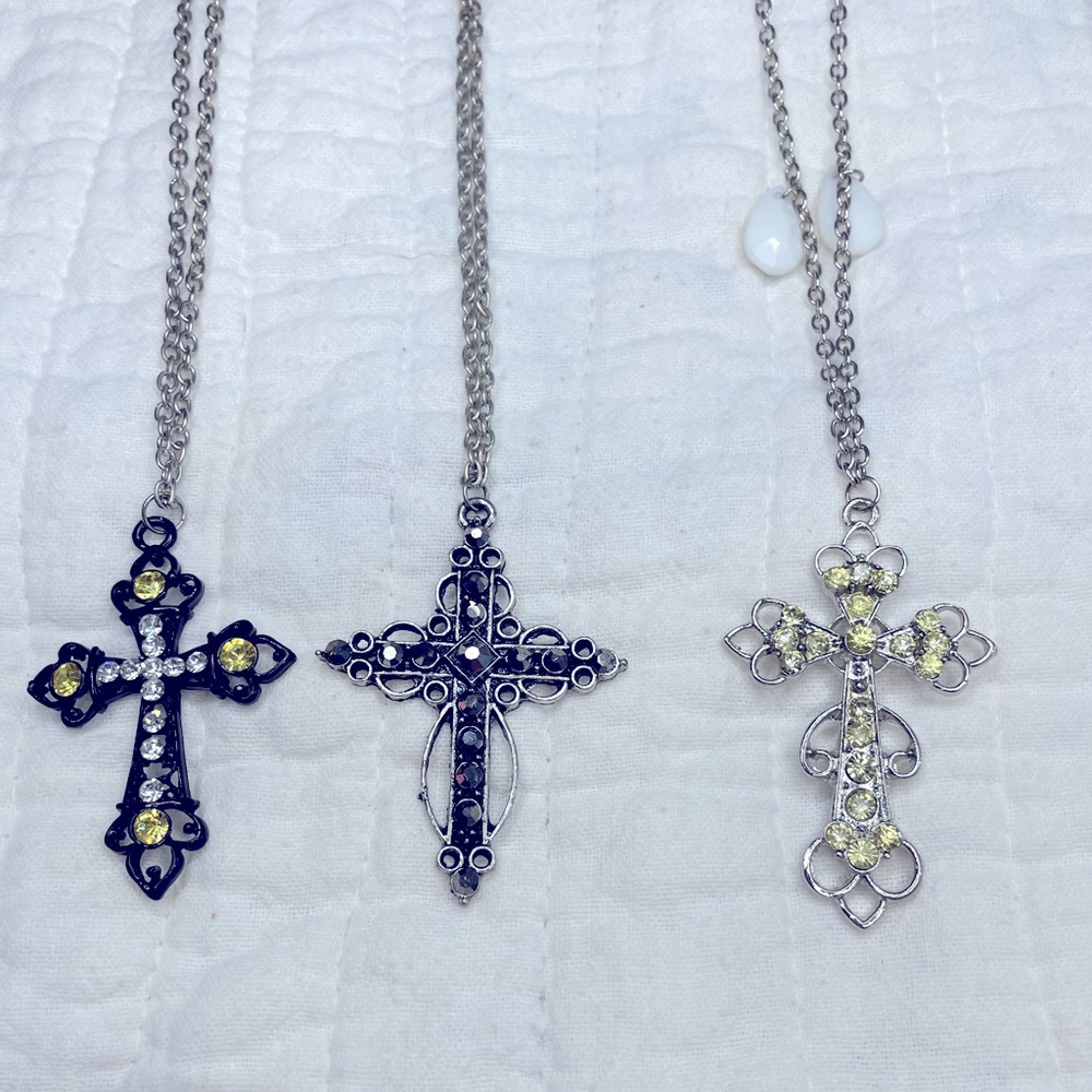3 Silver Cross Necklaces. Black, Yellow & White Stones. Vintage.
